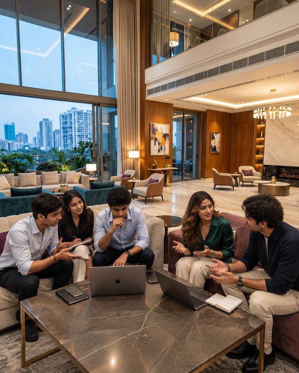 Five people in discussion with laptops and notebooks in a double-height living room, a city skyline beyond the windows