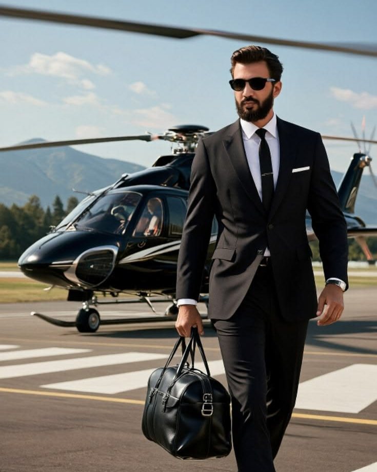 A man in a dark suit carrying a leather bag, walking away from a private helicopter